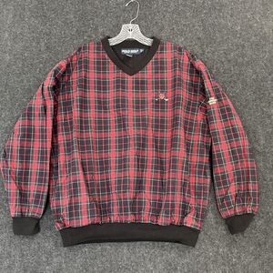 Polo Golf Ralph Lauren Pullover Mens Medium Red Black Plaid V-Neck Windbreaker